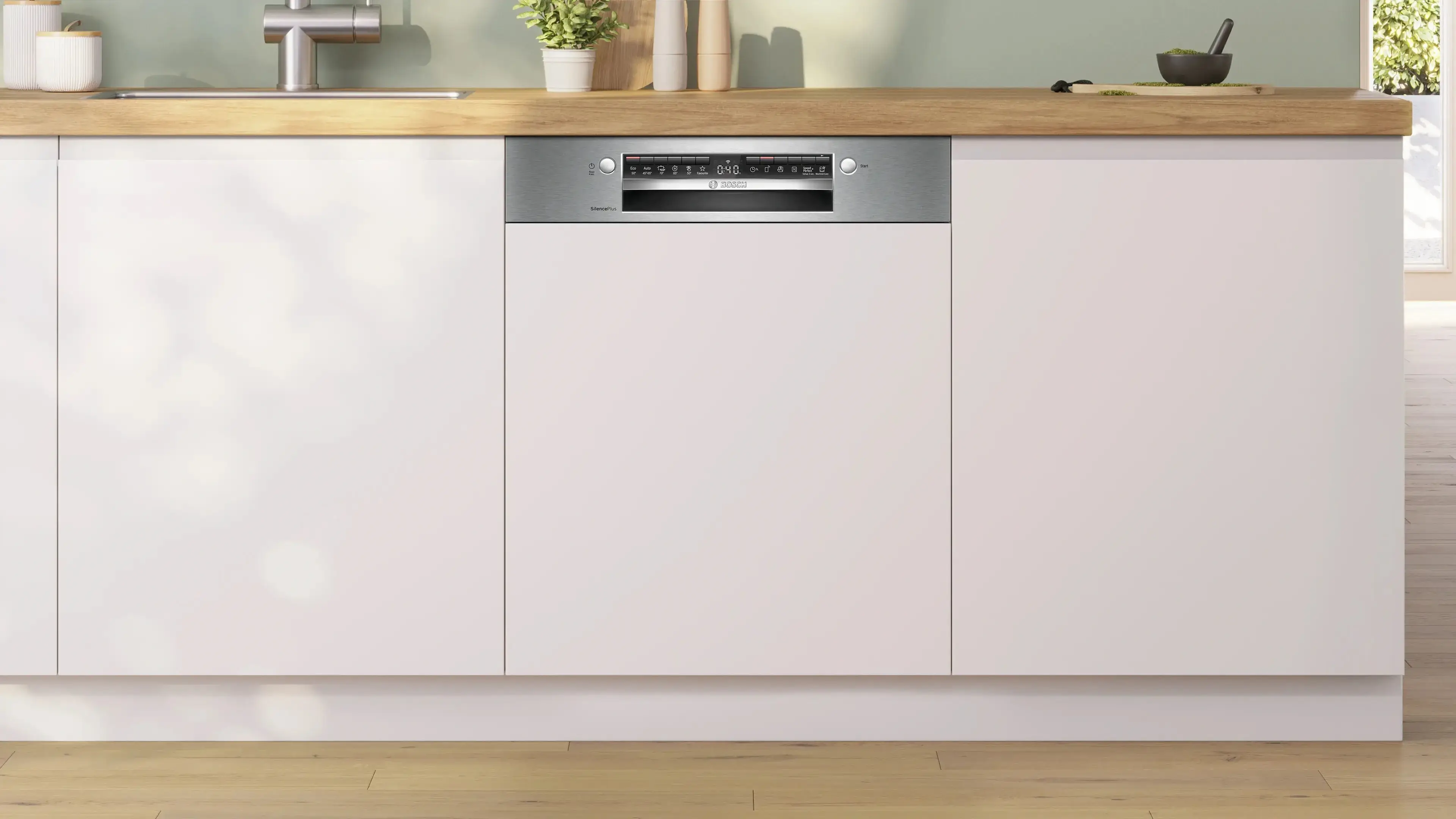 Máy rửa bát Bosch SMI4EVS08E gây ấn tượng với thiết kế bán âm hiện đại, mang đậm phong cách châu Âu tinh tế.