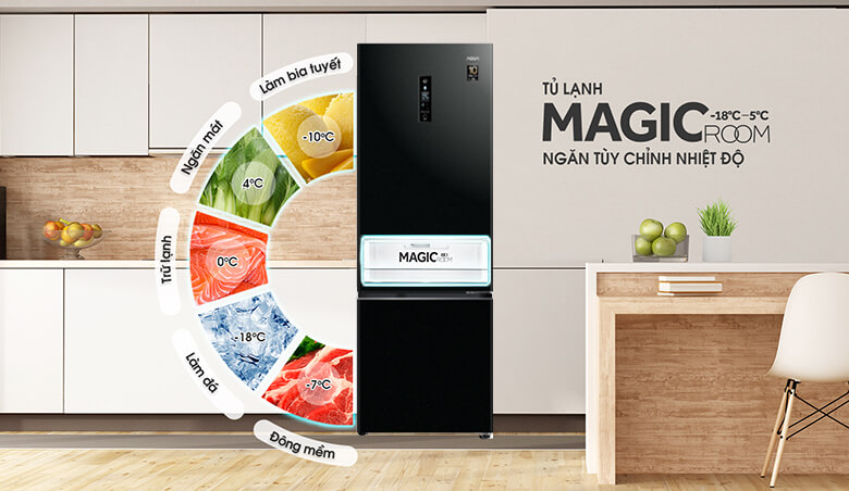 Một điểm nổi bật không thể bỏ qua trên tủ lạnh Aqua Inverter AQR-B388MA(FB) là thiết kế 2 cửa 3 ngăn độc đáo với ngăn Magic Room thông minh.