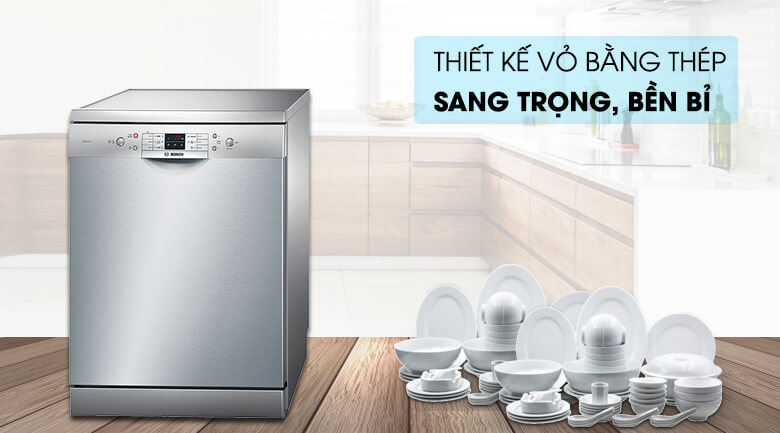 Máy rửa bát Bosch SMS63L08EA sở hữu thiết kế tinh tế, hiện đại với vỏ ngoài làm từ thép không gỉ sáng bóng Máy rửa bát Bosch SMS63L08EA sở hữu thiết kế tinh tế, hiện đại với vỏ ngoài làm từ thép không gỉ sáng bóng