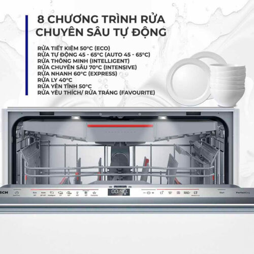 Máy được tích hợp 8 chương trình rửa chuyên biệt, giúp xử lý hiệu quả từng loại đồ dùng và mức độ bẩn