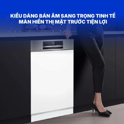 Máy rửa bát Bosch SMI6ECS10E sở hữu thiết kế bán âm tinh tế, mang đậm phong cách châu Âu hiện đại.