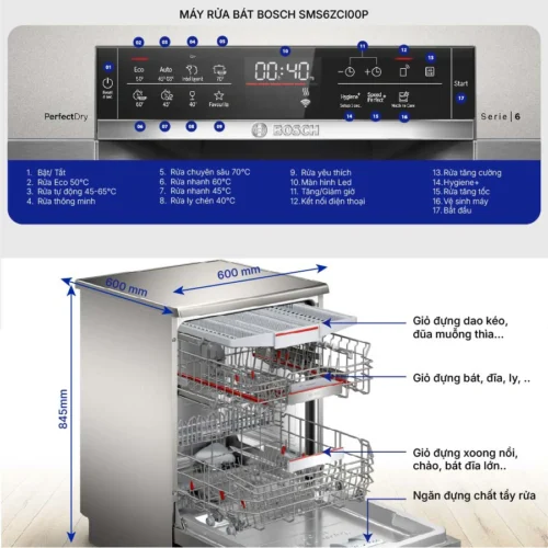 Bosch SMS6ZCI00P sở hữu thiết kế độc lập dạng hình hộp chữ nhật đứng, mang đến sự linh hoạt tối đa trong lắp đặt.