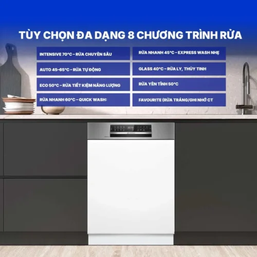 Bosch SMI6ECS10E thuộc dòng Series 6 được tích hợp 8 chương trình rửa chuyên biệt