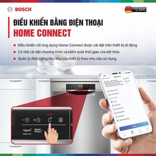 Bosch SMS6ZCI00P hỗ trợ kết nối với điện thoại thông qua ứng dụng Home Connect,