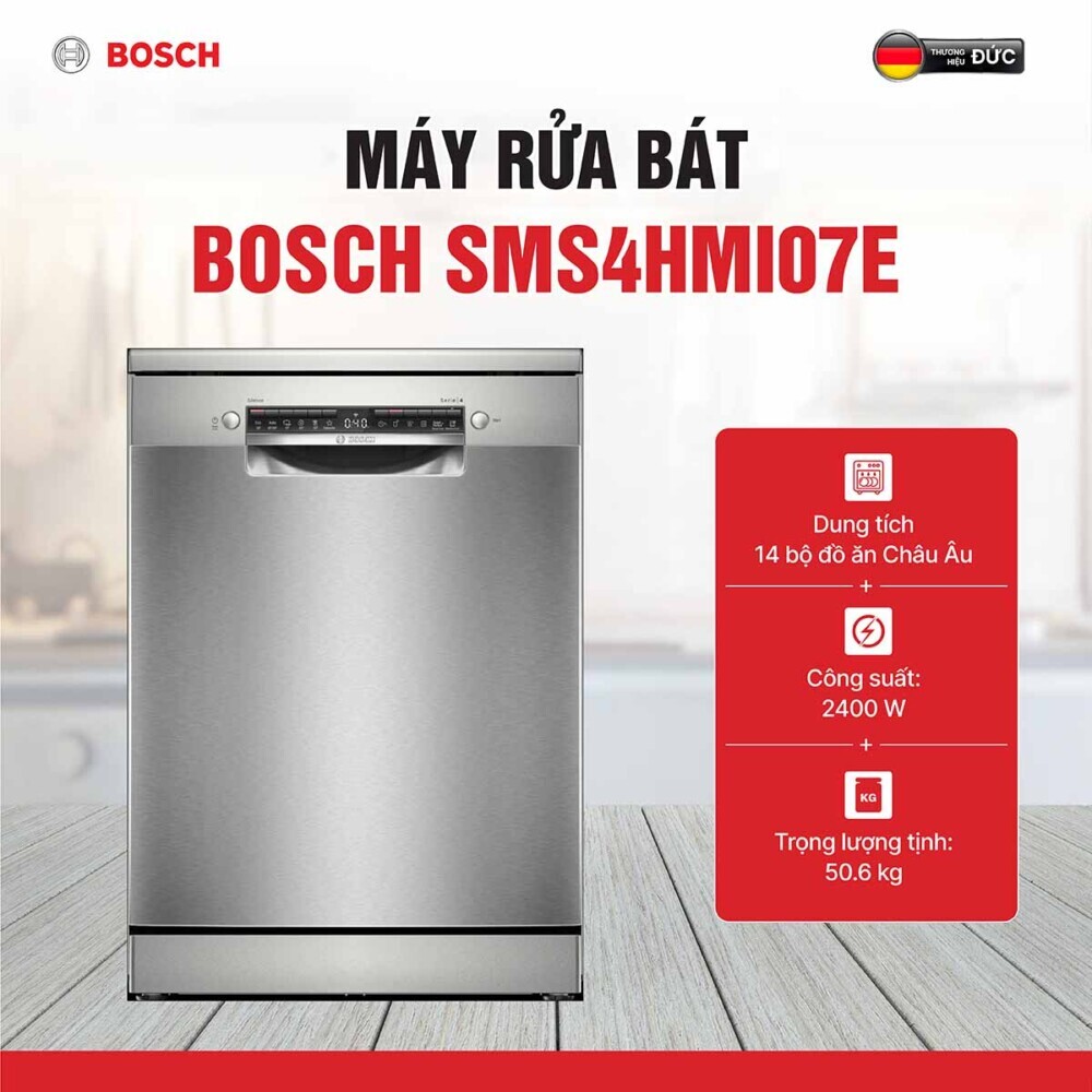 Bosch SMS4HMI07E sở hữu kiểu dáng hình hộp chữ nhật đứng quen thuộc với gam màu bạc tinh tế thiet ke hien dai