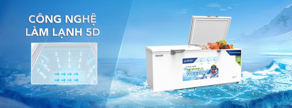 Tủ đông Hòa Phát HPF AD8544 sử dụng công nghệ làm lạnh 5D, với dàn lạnh được bố trí bao quanh thành và đáy tủ.