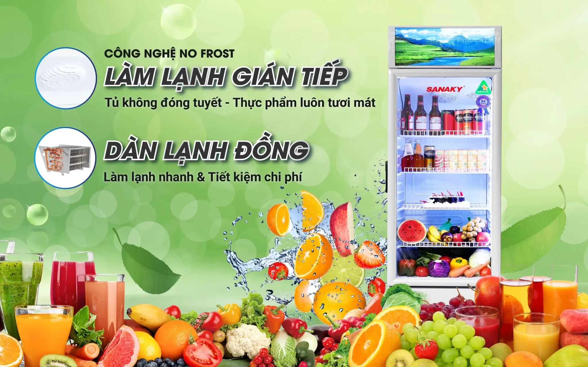 Tủ mát Sanaky VH-5089K được ứng dụng công nghệ làm lạnh No Frost hiện đại với hệ thống quạt đảo nhiệt kết hợp dàn lạnh gián tiếp đặt trên nóc tủ Tủ mát Sanaky VH-5089K được ứng dụng công nghệ làm lạnh No Frost hiện đại với hệ thống quạt đảo nhiệt kết hợp dàn lạnh gián tiếp đặt trên nóc tủ