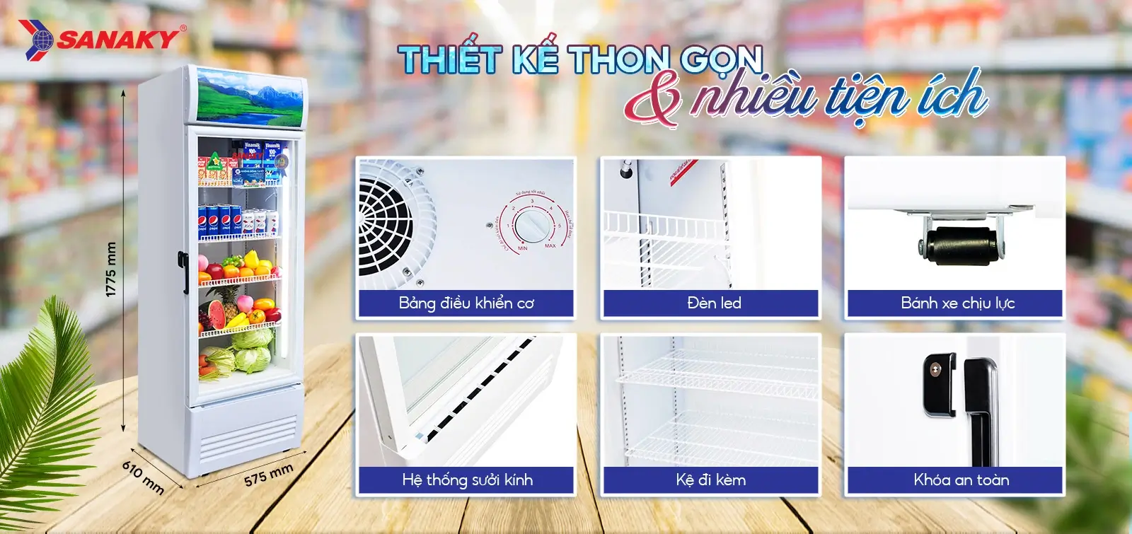 Tủ mát Sanaky VH-3588K3 sở hữu kích thước 575 x 610 x 1775 mm giúp tiết kiệm diện tích lắp đặt tối đa.