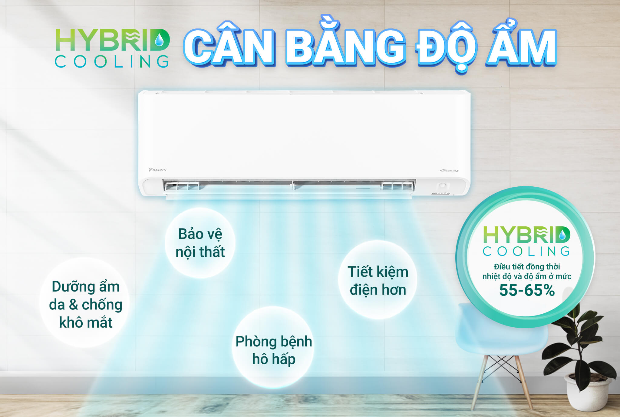Không chỉ làm lạnh đơn thuần, Daikin FTXM25XVMV còn được tích hợp công nghệ Hybrid Cooling giúp kiểm soát đồng thời cả nhiệt độ và độ ẩm trong không khí.